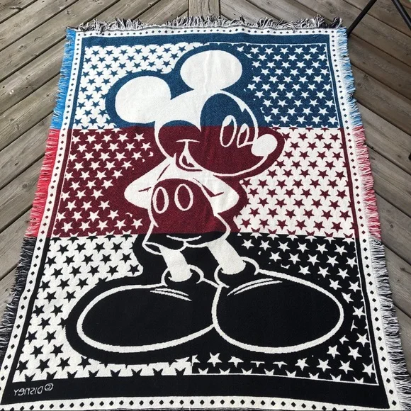 Mickey Mouse Reversible Blanket Woven Fringe Throw Disney Stars Stripes - Picture 2 of 10